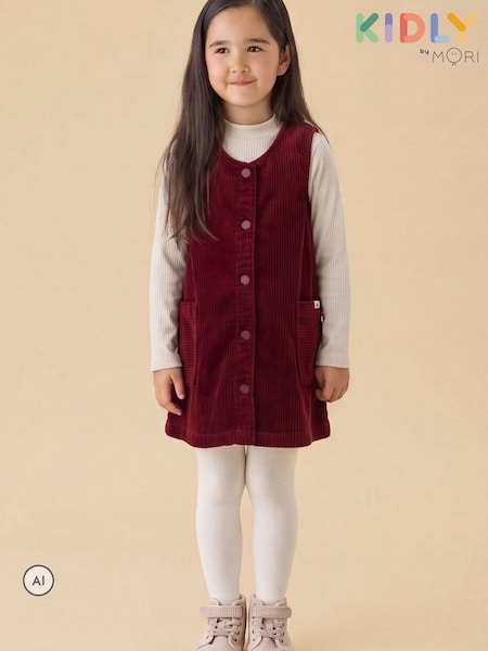 أحمر - Kidly By Mori Supersoft Corduroy Pinafore Dress