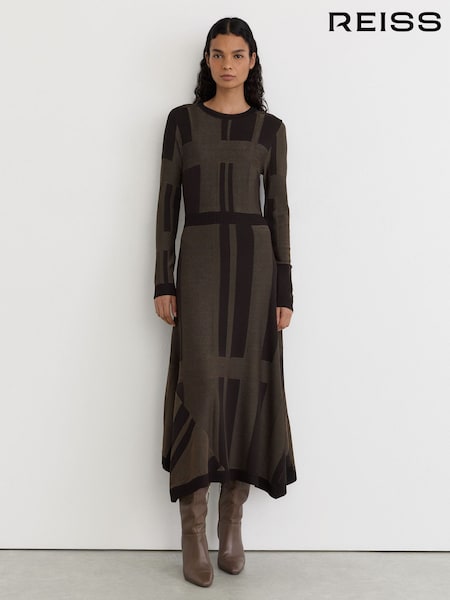 Chocolate Brown - Reiss Felicity Geometric-knit Long-sleeve Midi Dress
