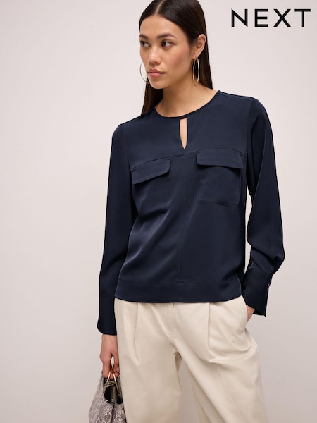Marineblau/blau - Utility Double Chest Pocket Long Sleeve Blouse (692206) | 10 €