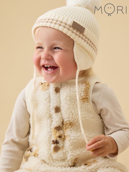 Cream - Mori Beanie Hat With Faux Fur Pom