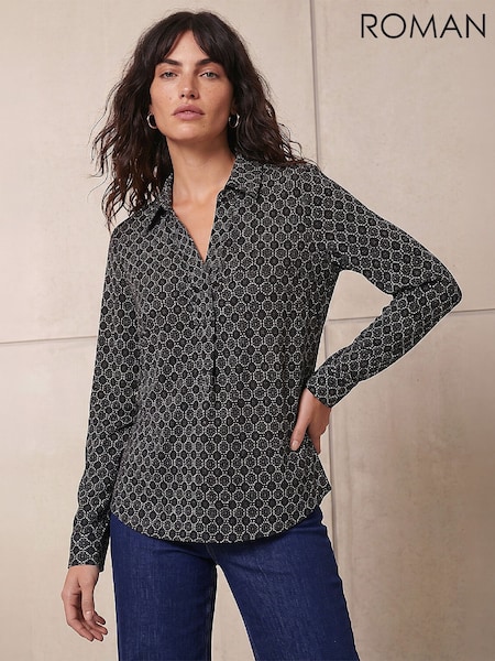 Grey - Roman Geometric Puff Print Stretch Shirt
