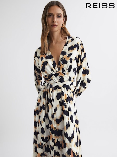 Reiss Black/White Marie Animal Print Midi Dress (694182) | €102