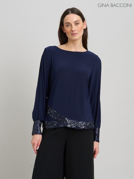 Blue - Gina Bacconi Joanie Sequin Trim Top