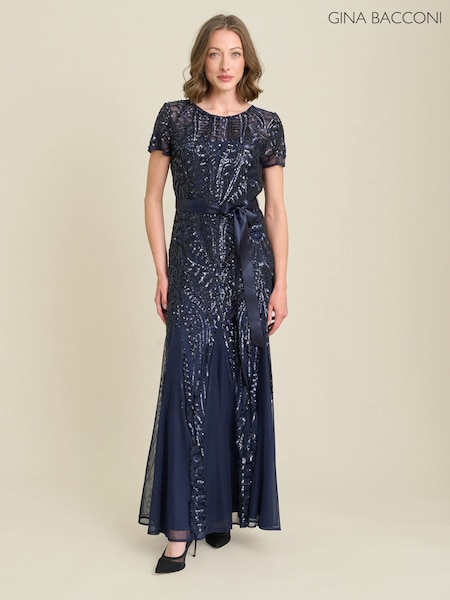 Blue - Gina Bacconi Monique Embroidered Sequin Godet Maxi Dress