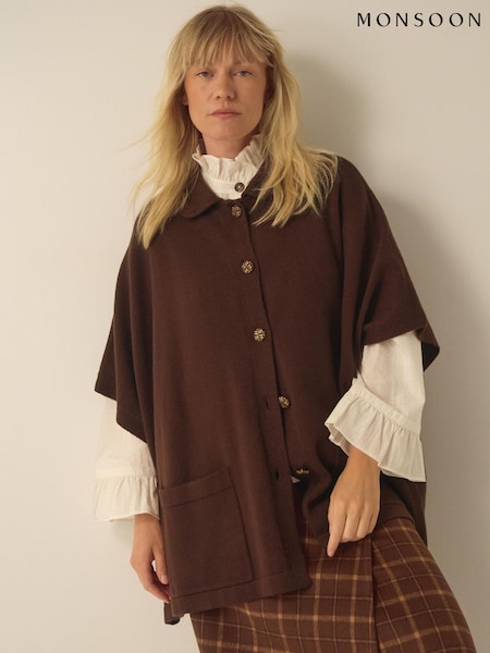 Brown - Monsoon Bliss Collar Cape Sleeve Cardigan