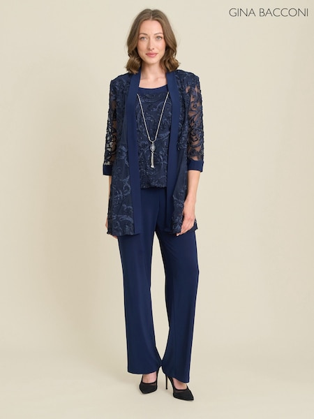 Blue - Gina Bacconi Joelle Embroidered Two Piece Trouser Suit With Detachable Necklace