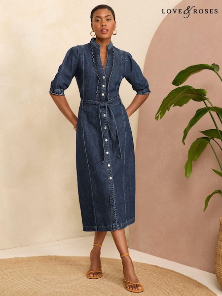 Love & Roses Scallop Button Through Summer Denim Midi Dress (696083) | 246 LEI
