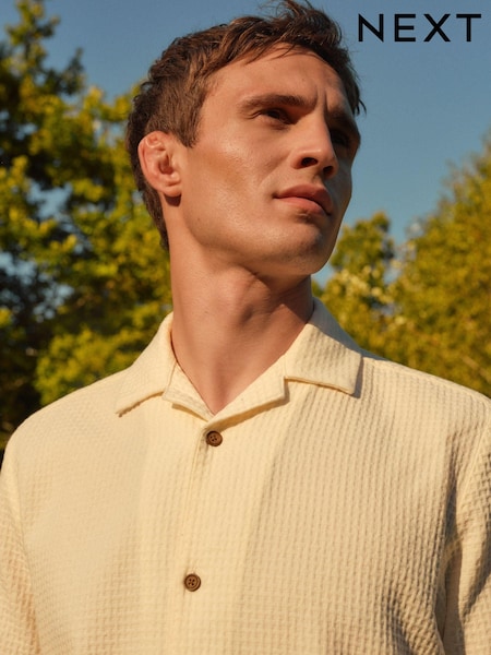 Ecru 100% Cotton Textured Waffle Short Sleeve Shirt (696411) | €34