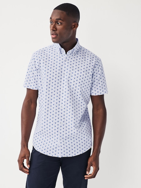 לבן/כחול עם דוגמת צופית - רגיל - Easy Iron With Button Down Collar Short Sleeve Oxford Shirt (697090) | ‏83‏₪