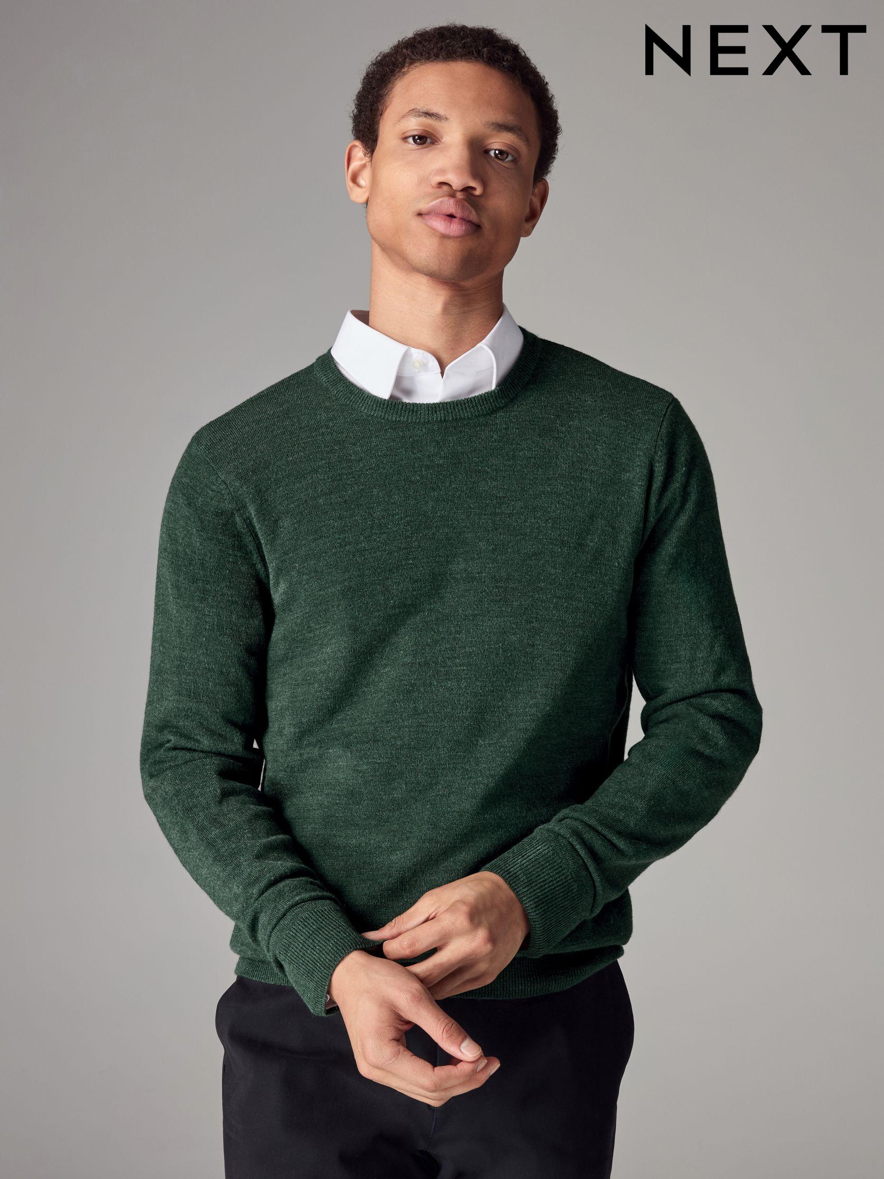 Men s Jumpers Green Crew Neck Plain Knitwear Next Luxembourg