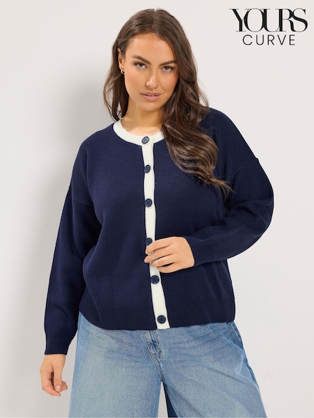 Blue - Yours Curve Contrast Tipped Crew Neck Long Sleeve Cardigan