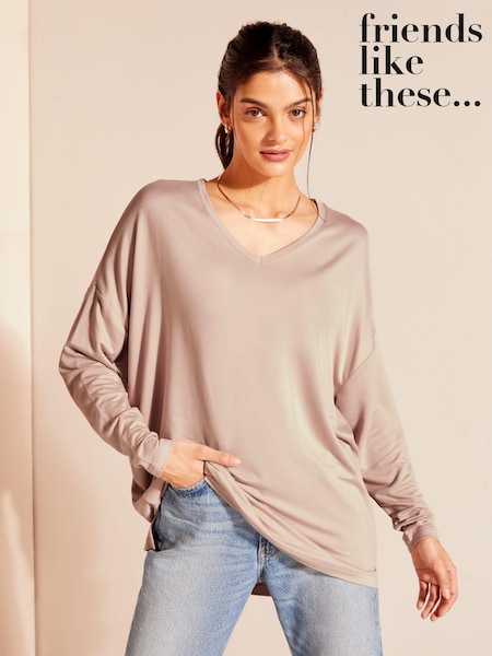 Friends Like These Mink Brown Long Sleeve V Neck Super Soft Jersey Tunic (698605) | €11
