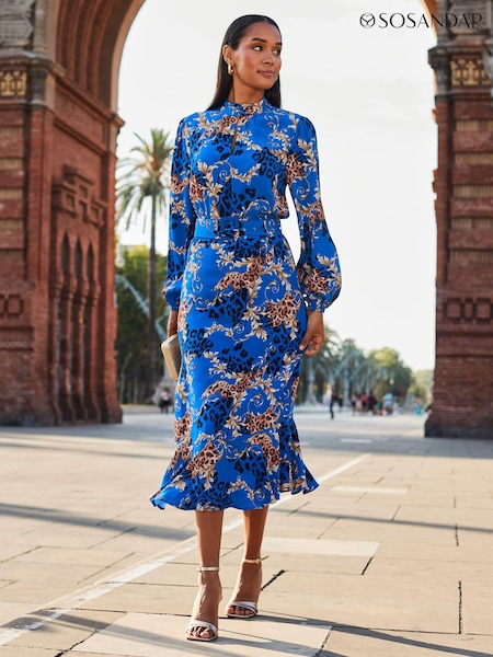 Sosandar Blue Conversational Belted Fit And Flare Dress (698743) | 391 QAR