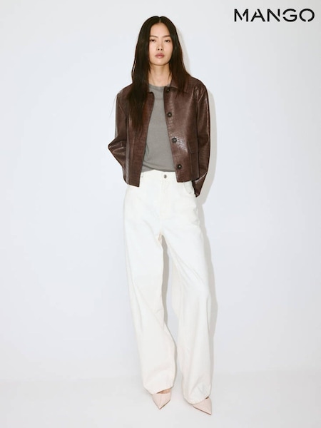 Brown - Mango Faux Leather Collared Jacket
