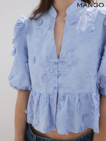 Blue - Mango Embroidered Ruffle Blouse