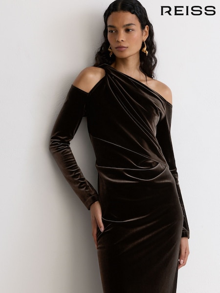 Olive Green - Reiss Koda Velvet One-shoulder Draped Midi Dress