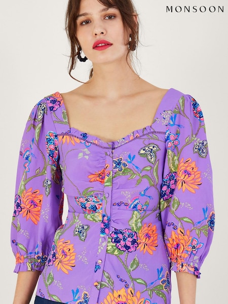 Monsoon Purple Regina Print Puff Sleeve Top (699630) | €21.50