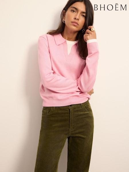 Pink - Fine Knit Polo Jumper With Jersey Contrasted Layer