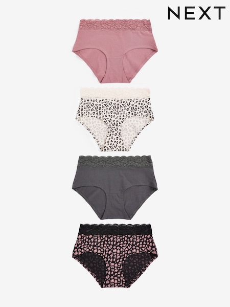 Black/Grey/Cream/Pink Printed Midi Cotton and Lace Knickers 4 Pack (701130) | €18