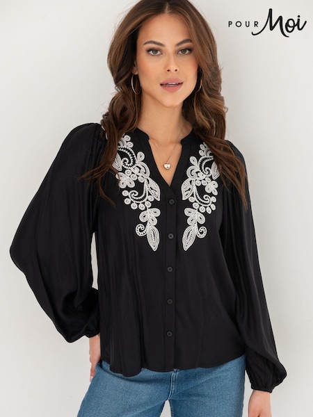 أسود - Pour Moi Stacie Fuller Bust Embroidered Woven Long Sleeve Blouse (702159) | ‏227 د.إ.‏