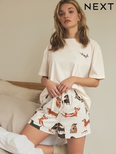 Ecru Dachshund 100% Cotton Short Pyjamas Set (703049) | €22