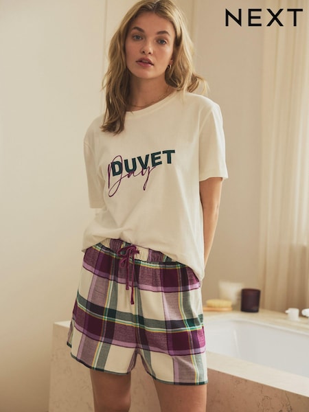 إكرو/أرجواني - 100% Cotton and Flannel Short Set Pyjamas (703110) | ‏58 ر.ق.