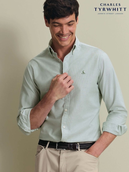 Grün - Regular Charles Tyrwhitt Stripe Button Down Stretch Washed Oxford Slim Fit Shirt