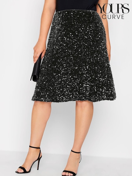 Yours Curve Black London Sequin Velvet Skater Skirt (703772) | €16.50