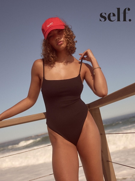 self. Black Rib Self Square Neck High Leg Swimsuit (704571) | €24