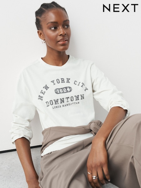 Ecru - Nyc Graphic Long Sleeve T-shirt