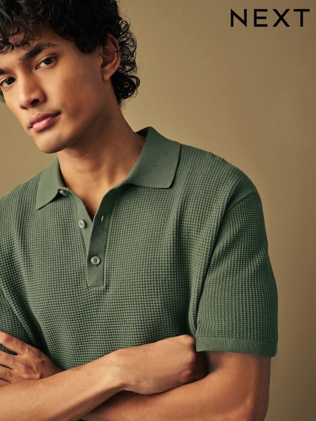 Green Regular Fit Knitted Waffle Textured 100% Cotton Polo Shirt (704801) | €13