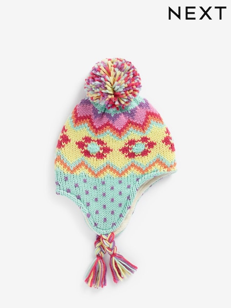 Aqua/Pink - Bright Fairisle Knit Trapper Hat (3mths-13yrs) (705018) | 2 € - 3 €