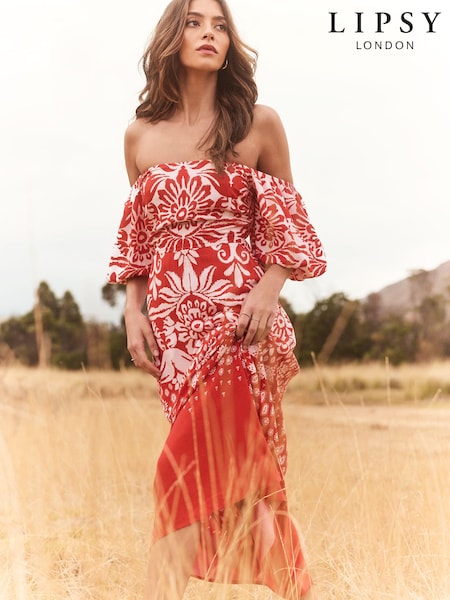 Lipsy Red Puff Sleeve Square Neck Midaxi Linen Look Printed Dress (705429) | €31