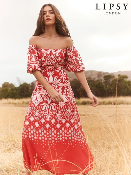 Lipsy Red Petite Puff Sleeve Square Neck Midaxi Linen Look Printed Dress (705913) | €31