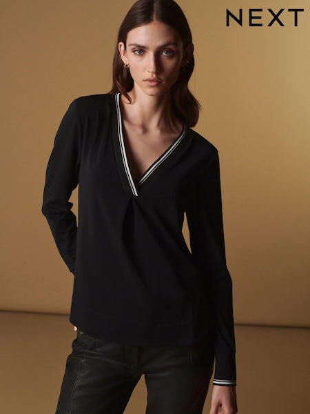 Black Premium Long Sleeve Contrast V-Neck Top (706778) | € 18