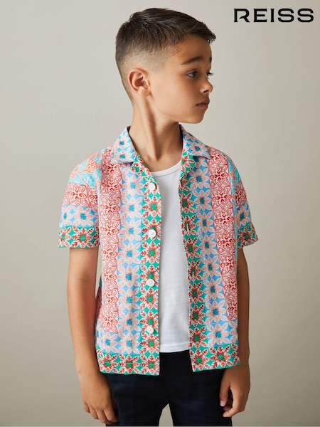 Reiss Orange Multi Pantain 9-13 yrs Linen Printed Cuban Collar Shirt (707164) | €20