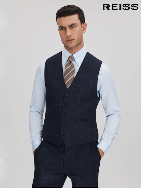 Reiss Navy Klink Wool Check Single Breasted Slim Fit Waistcoat (707286) | €271