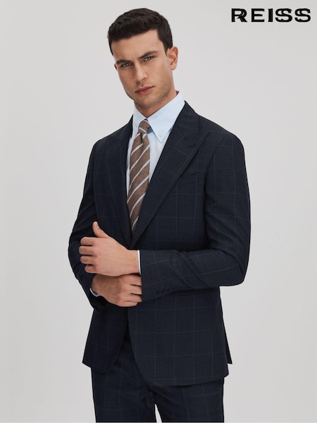 Reiss Navy Klink Wool Check Single Breasted Slim Fit Blazer (707392) | AED2,722