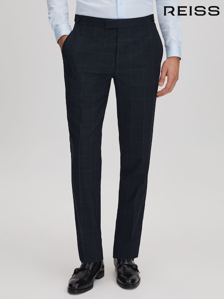 Reiss Navy Klink Wool Check Adjuster Slim Fit Trousers (707676) | AED1,354
