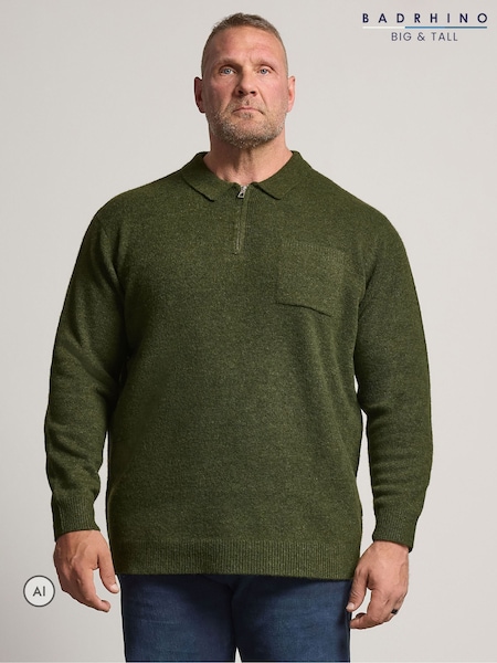 Πράσινο - Regular Badrhino Big & Tall Knitted Quarter Zip Jumper
