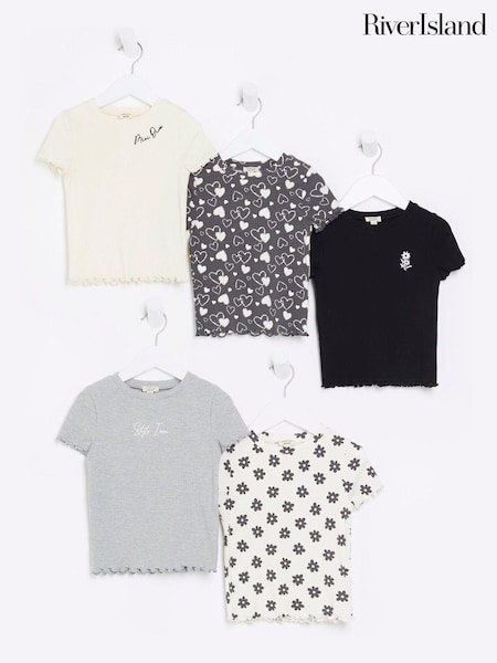 River Island Black Mini Girls 100% Cotton Black Mono T-Shirts 5 Pack (708072) | AED175