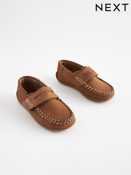 Tan Brown Standard Fit (F) Leather Penny Loafers with Touch and Close Fastening (708305) | €36 - €41