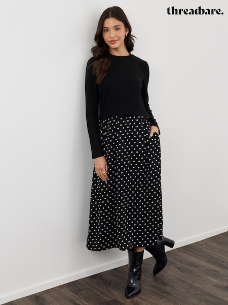 שחור - Threadbare Polka Dot Long Sleeve Maxi Dress