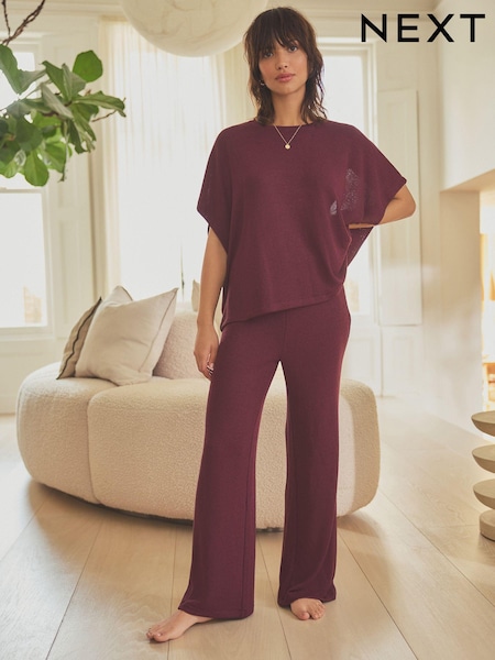 Burgundy Red Knitted Short Sleeve Lounge Set (708457) | AED105