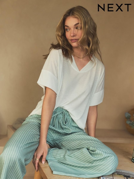 Sage Green Linen Blend Stripe Short Sleeve Pyjamas (708634) | 100 QAR