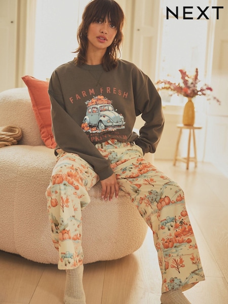 Khaki - 100% Cotton Pumpkin Sweatshirt and Flannel Pyjamas (708655) | € 25
