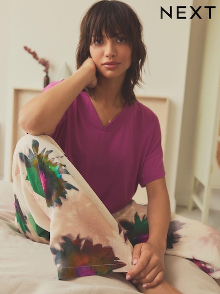 Purple Floral Linen Blend Short Sleeve Pyjamas (708761) | €18