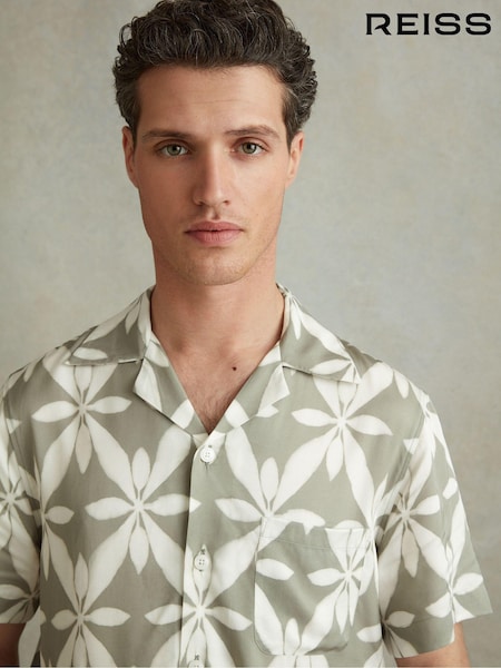 Reiss Sage Green Marabel Relaxed Printed Cuban Collar Shirt (709375) | AZN 276