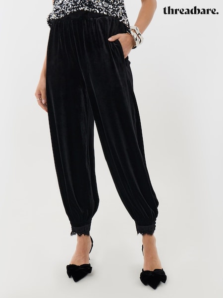 Black - Threadbare Velvet Balloon Trousers With Lace Trim Hem