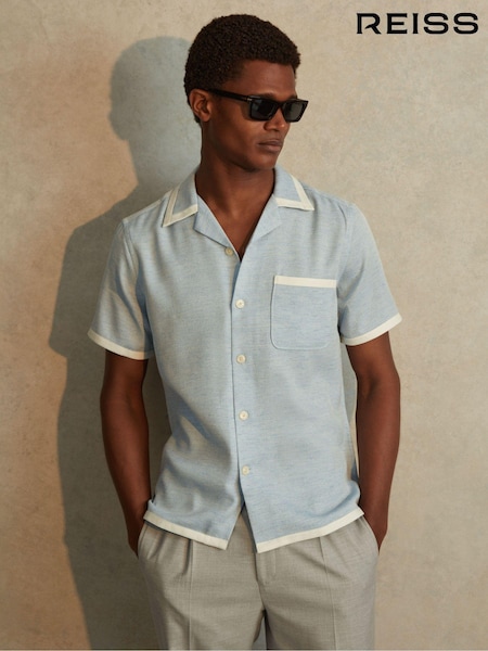 Reiss Soft Blue/White Vita Contrast Trim Cuban Collar Shirt (709517) | €160